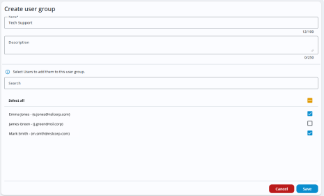 Create user group screen with fields for name and description, a user search box, and a list of users with checkboxes to add them to the group. Save and Cancel buttons are at the bottom.